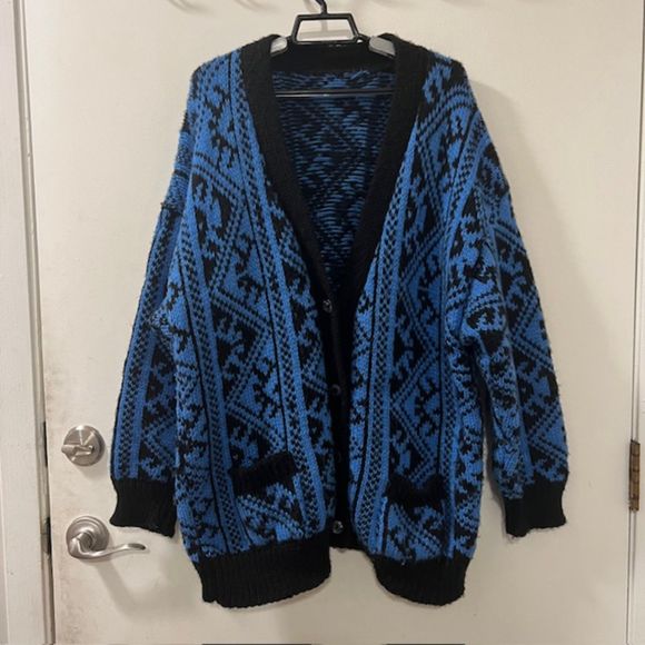Womens Blue Black Aztec Tribal Pattern Knit Cardigan Sweater Pockets Sz LG/XL - Picture 3 of 10